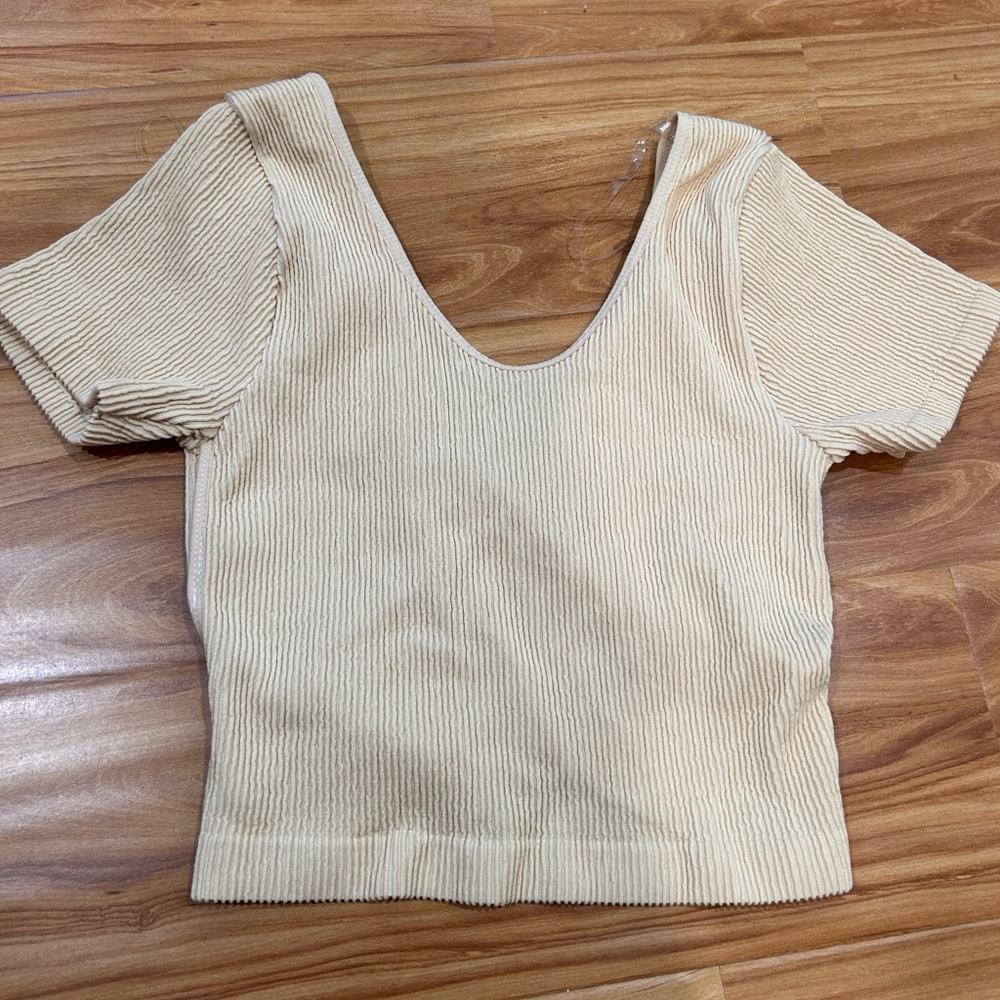 Active basic, tan, short sleeve, midriff, crossed back